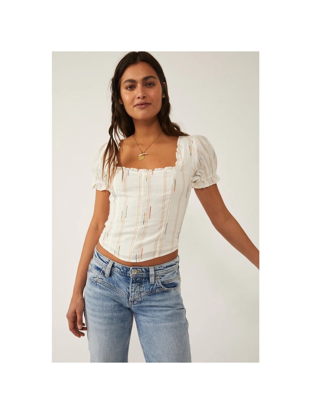 Free People Cream Seratonin Corset Striped Smocked Puff Sleeve Top Size Large